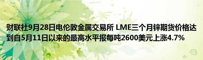 财联社9月28日电伦敦金属交易所 LME三个月锌期货价格达到自5月11日以来的最高水平报每吨2600美元上涨4.7%