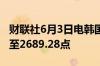 财联社6月3日电韩国KOSPI指数日内上涨2%至2689.28点