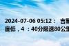 2024-07-06 05:12：  吉黑高速（哈尔滨段）因降雾，能见度低，4 ：40分限速80公里/小时。 ​​​