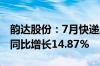 韵达股份：7月快递服务业务收入39.71亿元 同比增长14.87%